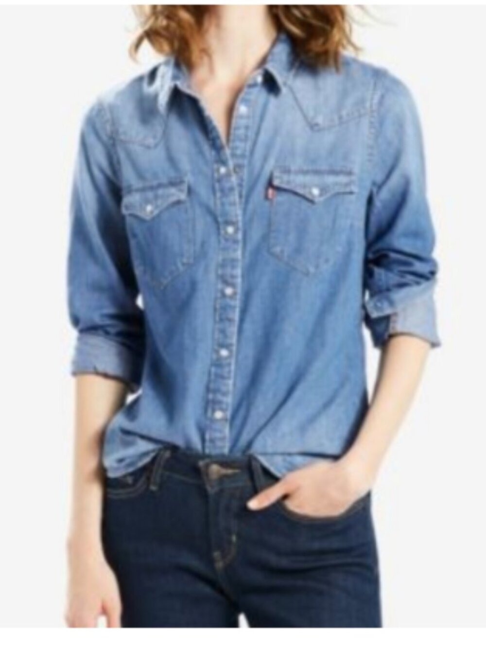 Levi's western Denim Shirt Blue Size Small Pearl Snaps Button Down